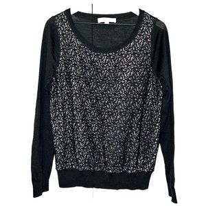 LOFT Black Lace Lightweight Scoop Neck Long Sleeve Sweater Top - L